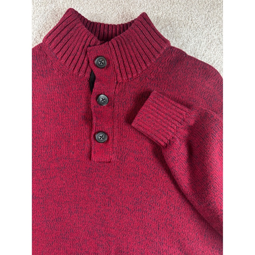 IZOD Mens Mock Neck 1/4 Button Sweater Burgundy Heather Marled Cotton Blend M